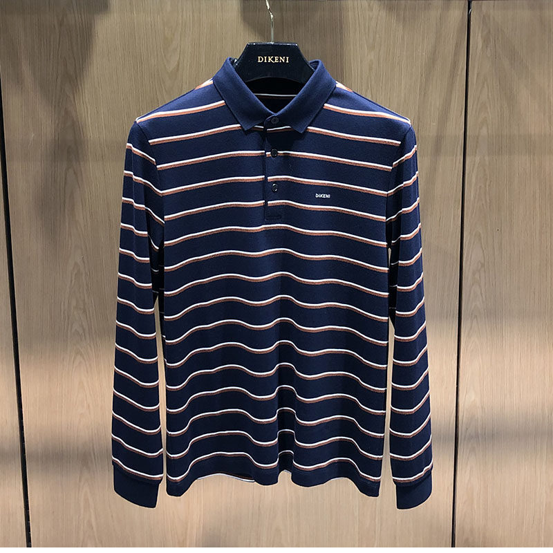 迪柯尼dikeni正品2021秋装棉质舒适条纹商务翻领休闲长袖t恤男