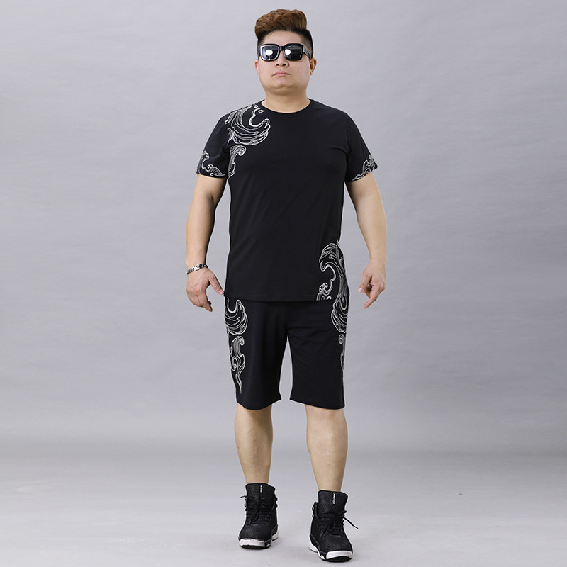 宽松男装300斤全身搭配印花个性男士胖子加大休闲运动套装