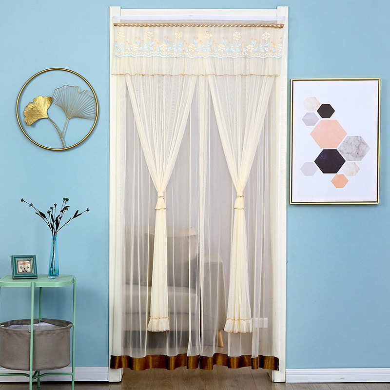 门帘魔术家用蕾丝防蚊纱帘卧室厨房双层打孔门帘