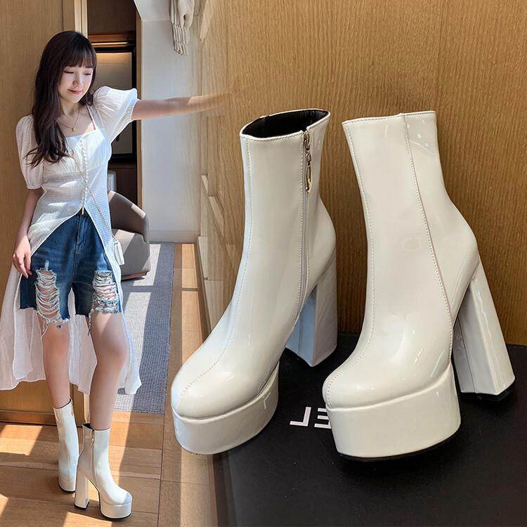 欧美超高跟短靴女漆皮白色裸靴防水台厚底拉链骑士靴小码33女靴
