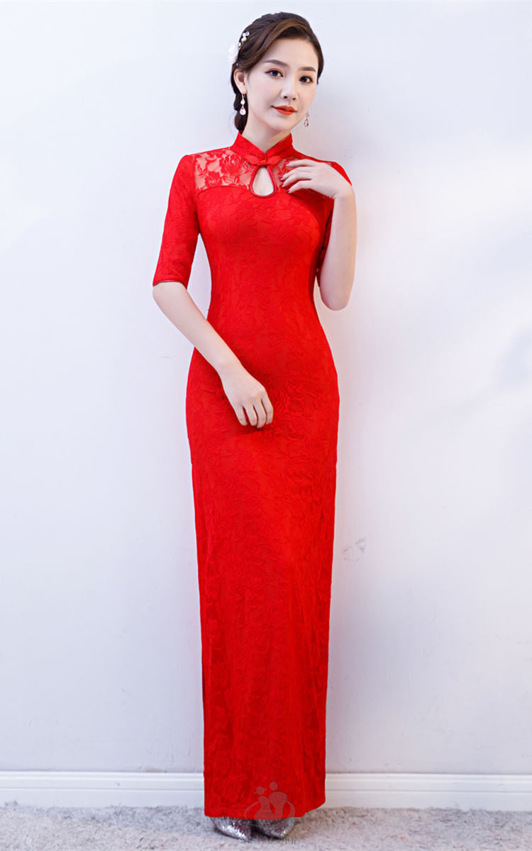 宴会主持人舞台秀中长袖表演旗袍舞蹈演出服气质旗袍