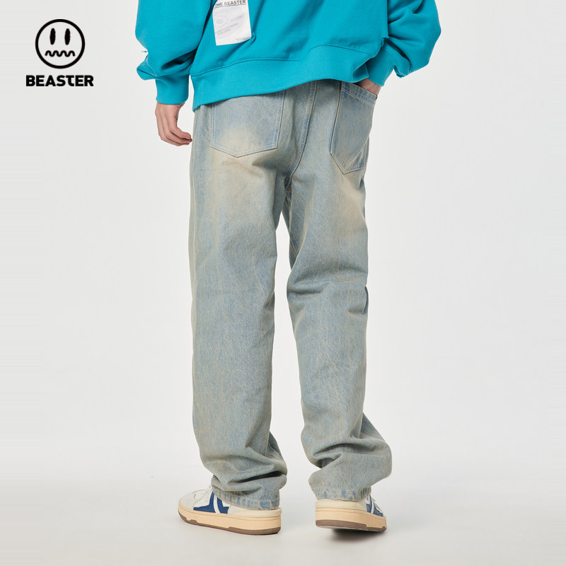 beaster官方小恶魔鬼脸复古牛仔裤秋冬宽松做旧街头牛仔裤