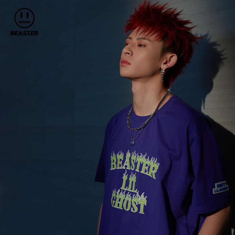 beaster官方小鬼明星同款小恶魔鬼脸火焰短袖街头t恤