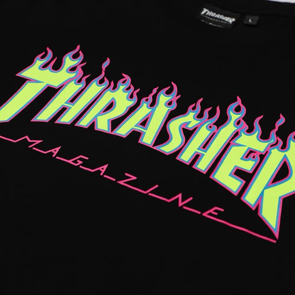 thrasher日版荧光火焰logo圆领短袖潮流百搭男女t恤