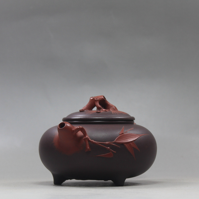 紫砂壶纯全手工王红娟原矿文革紫泥双色三脚松竹茶壶