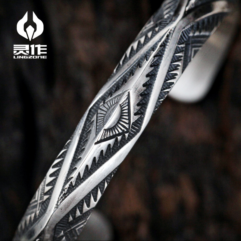 灵作银饰狗熊监制手工印第安纳瓦霍10mm太阳三角手镯