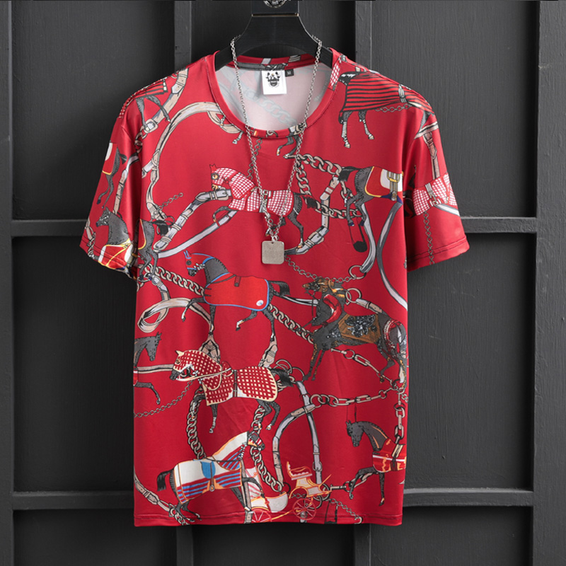 欧美无痕柔软小马印花图案冰丝短袖T恤大码男装丝光棉半袖体恤衫