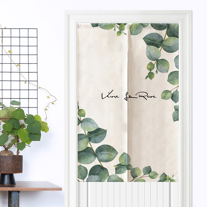 简约北欧小清新绿植系棉麻亚麻门帘布艺厨房卧室卫生间隔断帘半帘-mc