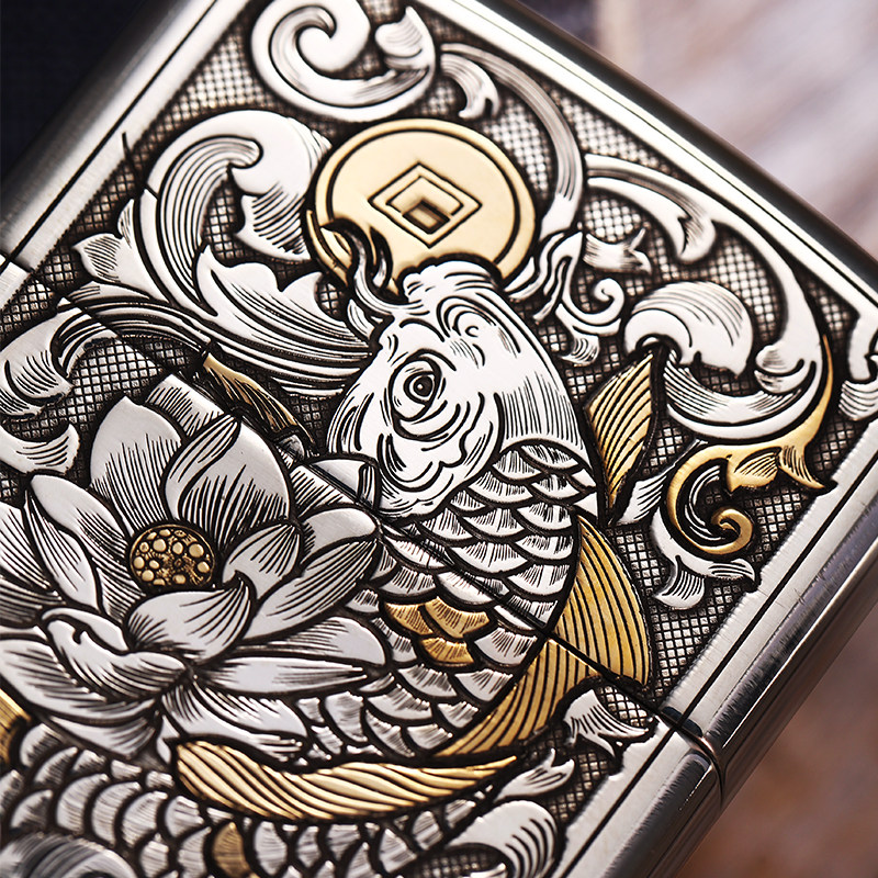 打火机zippo美国原装正品纯银唐草锦鲤zp长辈zippo