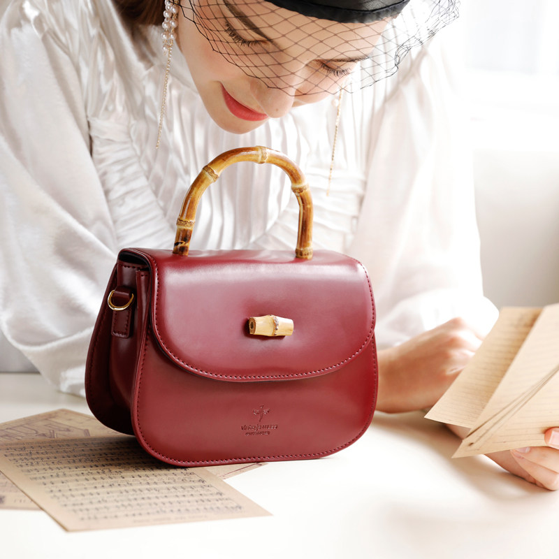 vintage包包女原创竹节小包包斜挎包2019新款复古红色手提百搭包