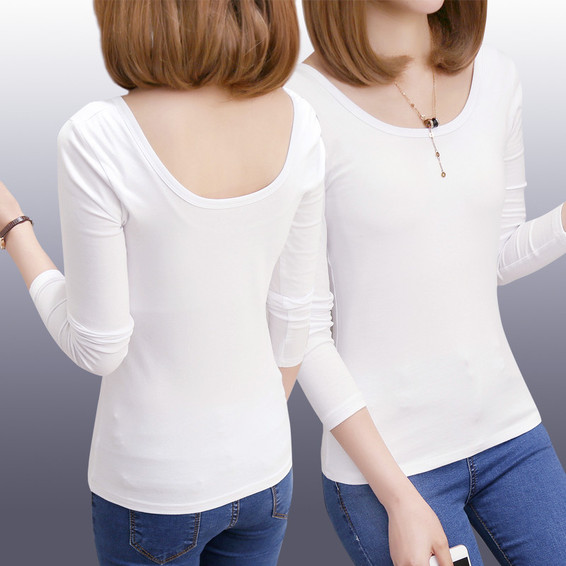 纯棉莫代尔大U领女士长袖T恤低领百搭打底衫紧身修身纯色白色体恤
