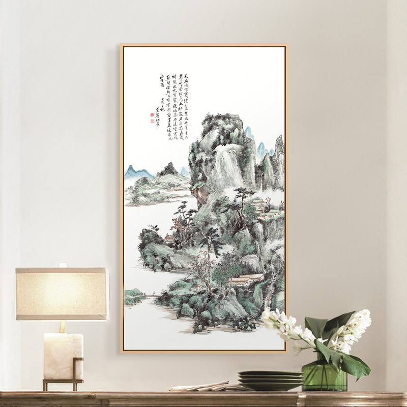 玄关装饰画 风水靠山招财竖版过道壁画入户新中式挂画国画 山水画