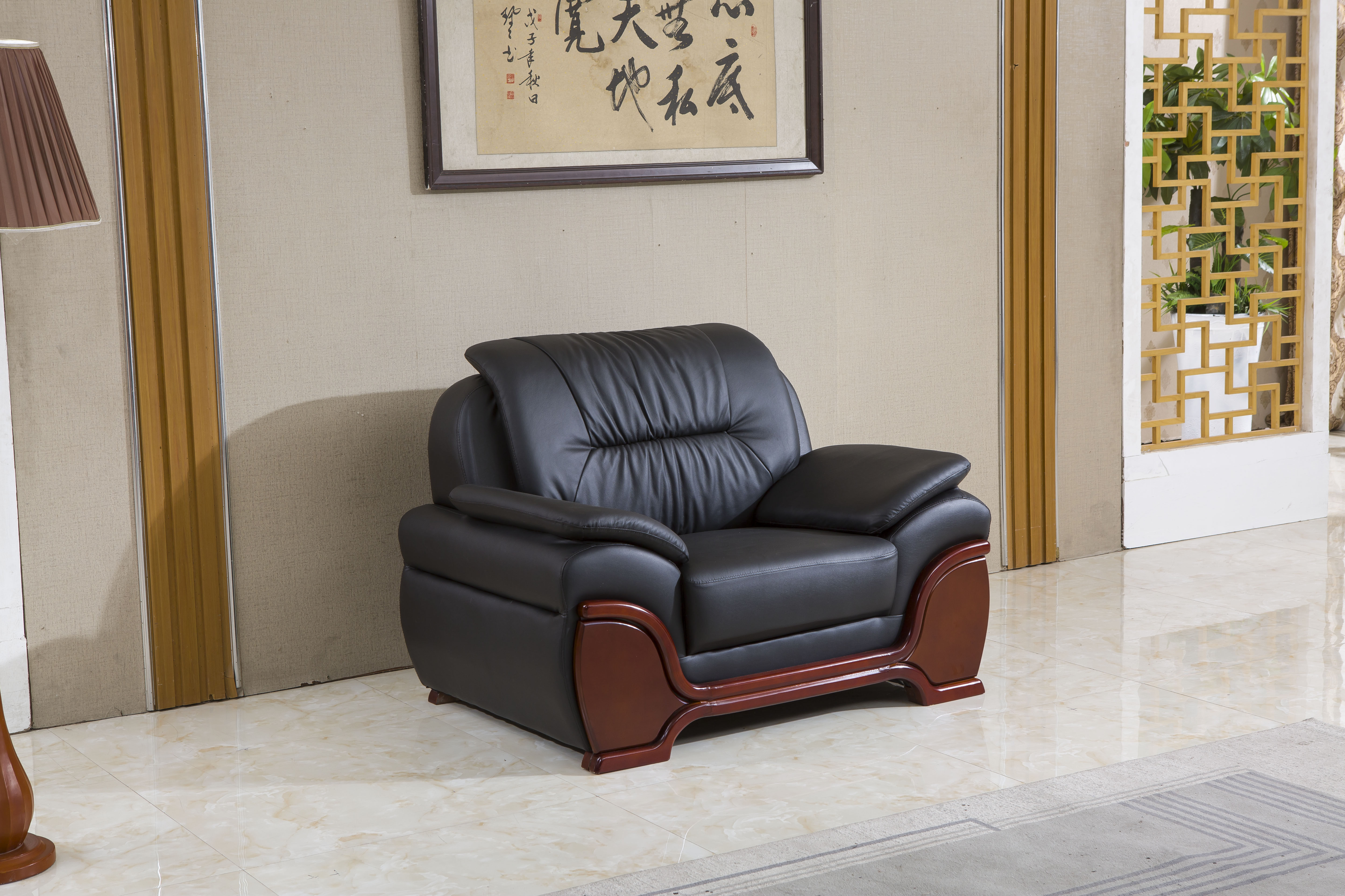 现代中式公司办公室接待会客沙发老板真皮办公沙发茶几组合三人位