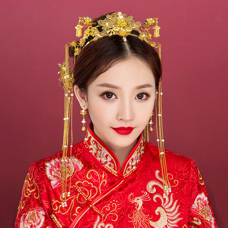 秀禾服头饰2019新款古装头饰结婚中式新娘红色流苏发饰套装礼配饰