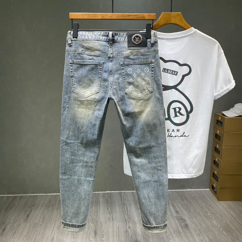 香港高端潮牌印花牛仔裤男士复古水洗欧美男装长裤修身弹力小脚裤