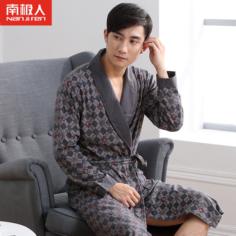 男士睡袍秋冬季春秋纯棉薄款睡衣长袖全棉家居服睡袍