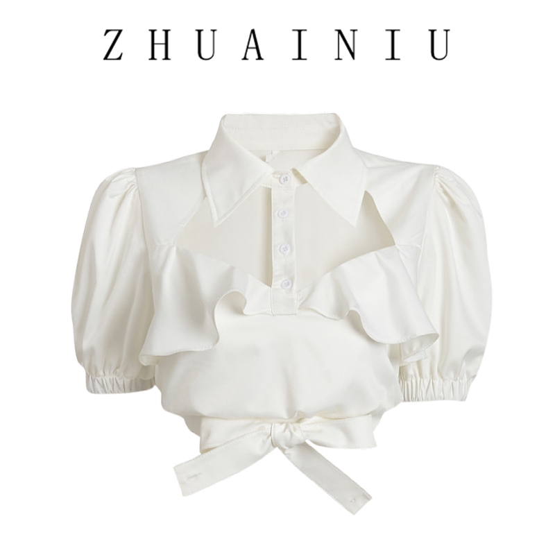 设计感泡泡袖镂空白衬衫女夏装新款女装交叉系带高腰A字灯笼上衣