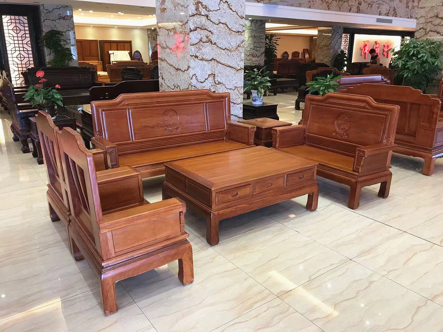 沙发红木菠萝格花好月圆实木明清仿古花梨中式家具实木沙发