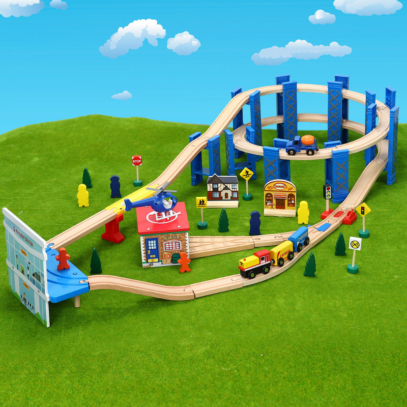 轨道木质玩具车木头小火车儿童火车积木益智兼容电动
