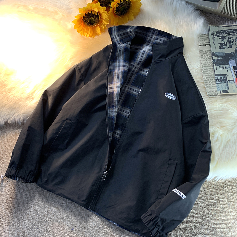 两面穿外套男秋季潮ins春秋复古格子休闲夹克百搭秋冬季衣服上衣