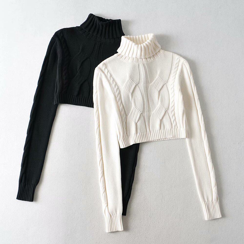 包邮欧美风ins博主设计高领麻花针织毛衣高腰毛衣