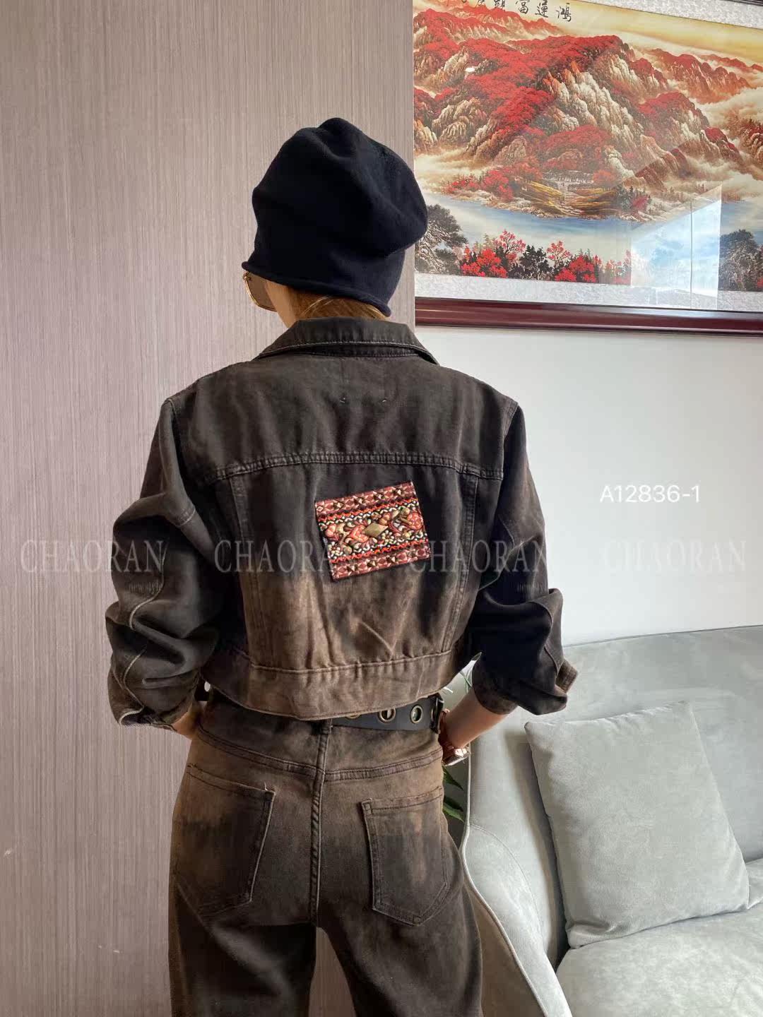 超然牛仔裤2021秋季新款重工钉珠贴布民族风高腰牛仔裤