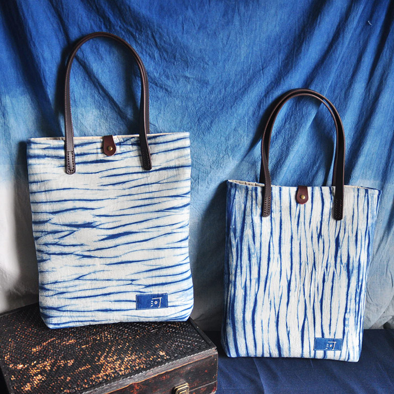 像河一样手工扎染蓝染波浪植物单肩布包pu通用款女包