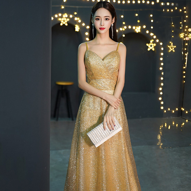 金色高贵连衣裙伴娘显瘦性感名媛吊带晚礼会长礼服