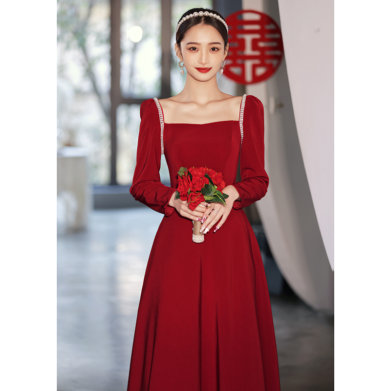 敬酒新娘红色平时可穿现代订婚连衣裙缎面红裙子礼服