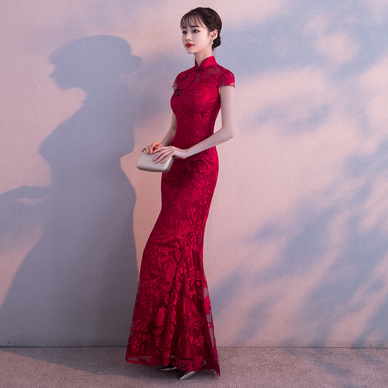 敬酒新娘2020秋款结婚旗袍鱼尾裙长款性感红色礼服