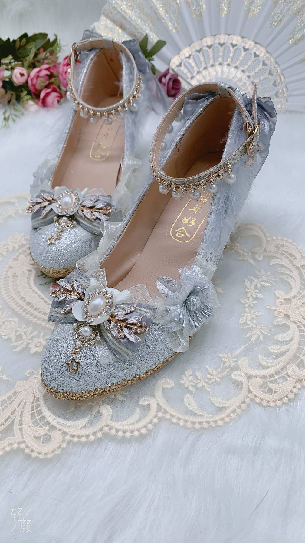 一夜物语原创设计lolita花嫁高跟鞋百搭银色圆头lolita洛丽塔鞋类