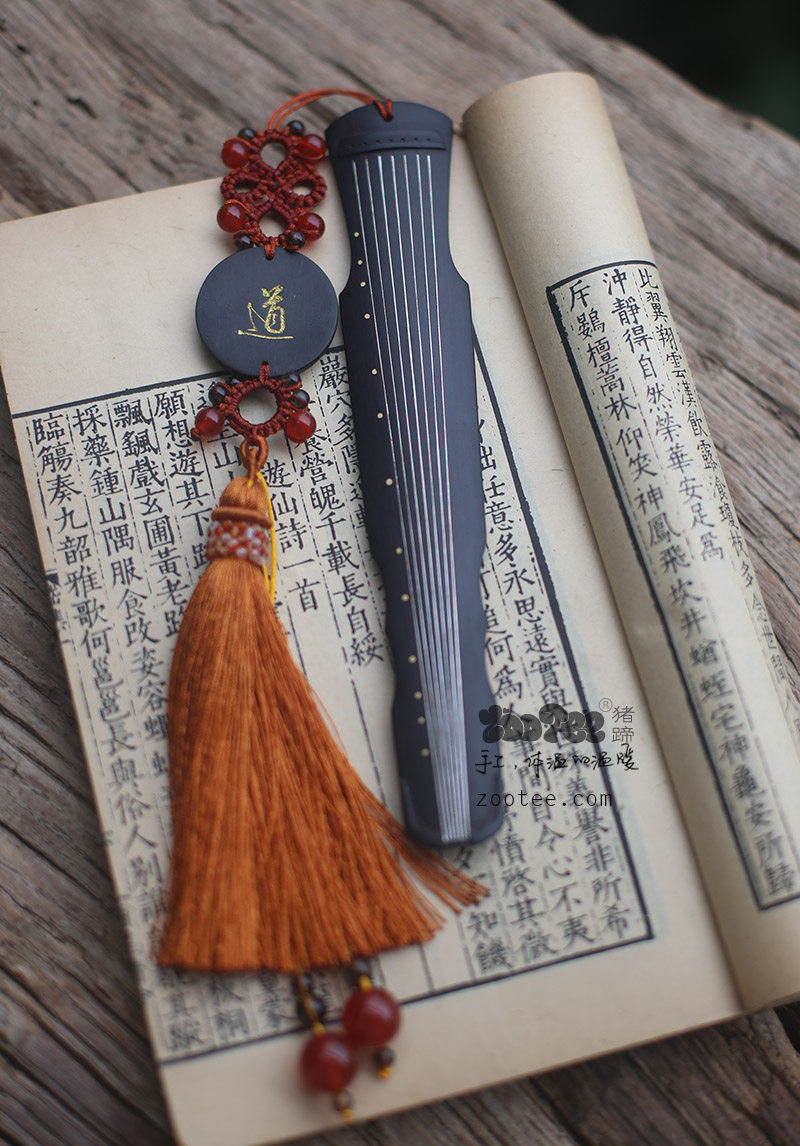 书签古琴血檀雕刻纯银镶嵌流苏比例伏羲九霄书签