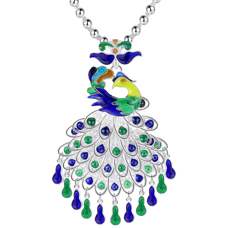 s990纯银彩色孔雀吊坠景泰蓝足银项链长款毛衣项坠