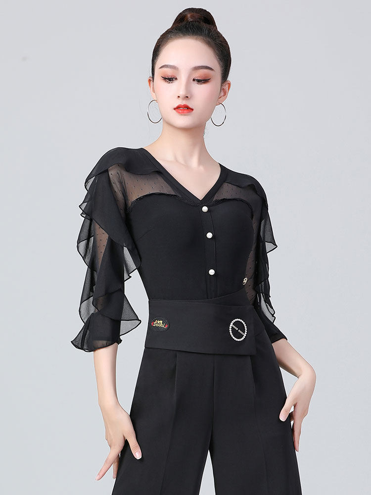 丹宝罗2021新款摩登舞上衣交谊舞服装练功服白色连体女士漂亮舞衣