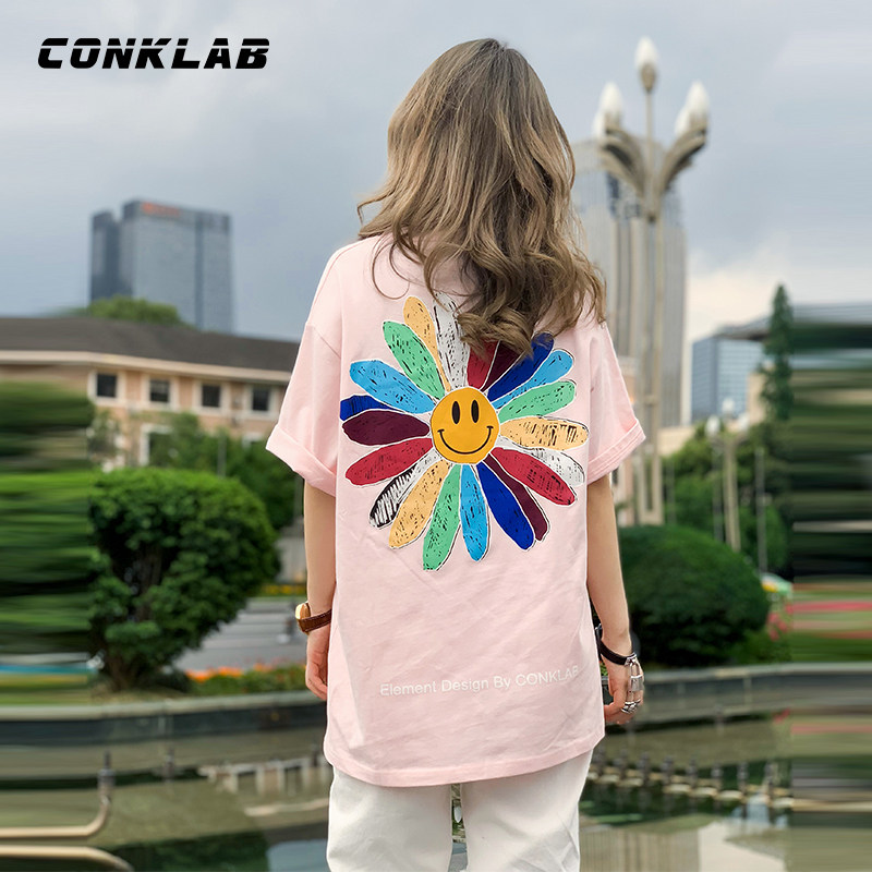 conklab2019夏季彩虹笑脸太阳花国潮牌短袖t恤宽松半袖ins上衣女