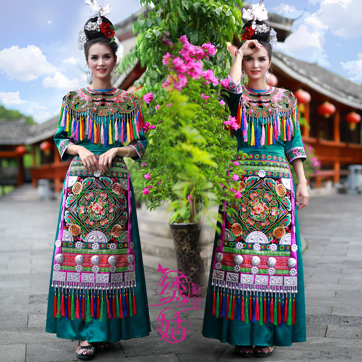 侗族手工刺绣结婚发簪成人头饰民族风银饰品服装民族服装