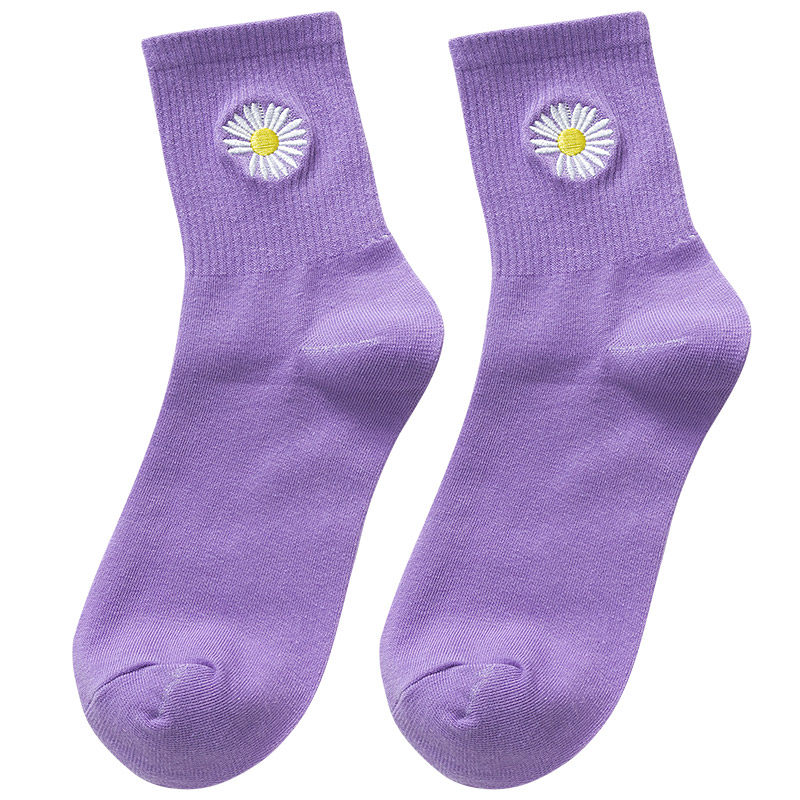 紫色袜子女夏天薄款中筒香芋紫ins潮纯棉春夏季小花日韩版长袜