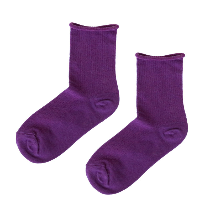 multisocks紫色卷边袜ins街拍纯色热卖潮流紫外光舒适中筒女袜
