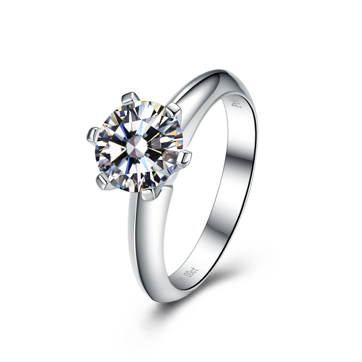 莫桑石钻戒女t家经典六爪纯银镀18k白金钻戒进口d色1克拉莫桑戒指