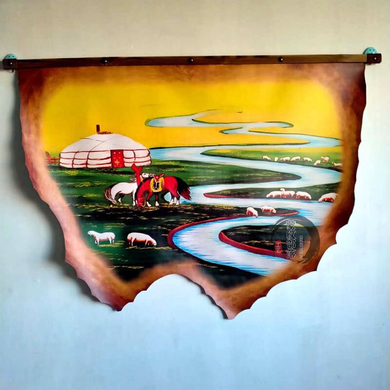 内蒙古皮画成吉思汗民族特色装饰壁画蒙古元素餐厅工艺画