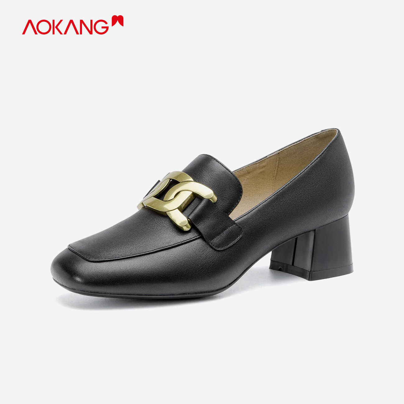 奥康女鞋春季头层牛皮复古真皮皮套脚鞋粗跟单鞋