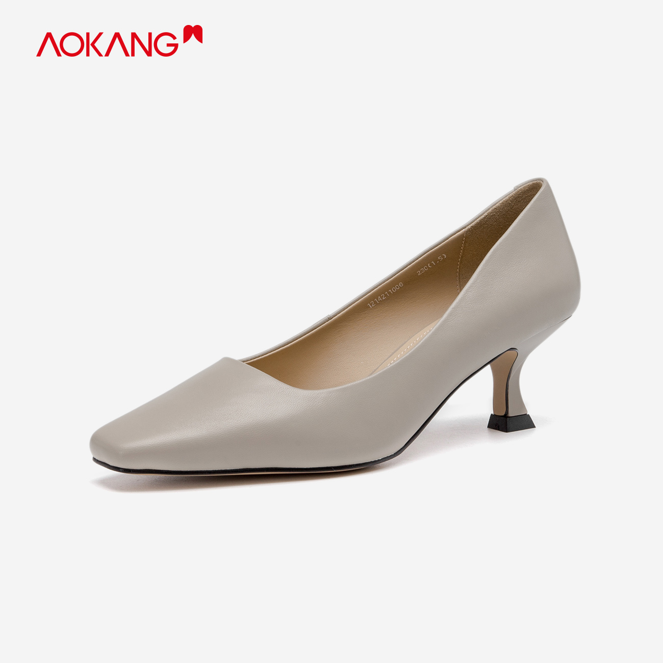 奥康2021秋季新款女士潮流时尚休闲高跟百搭裸色单鞋