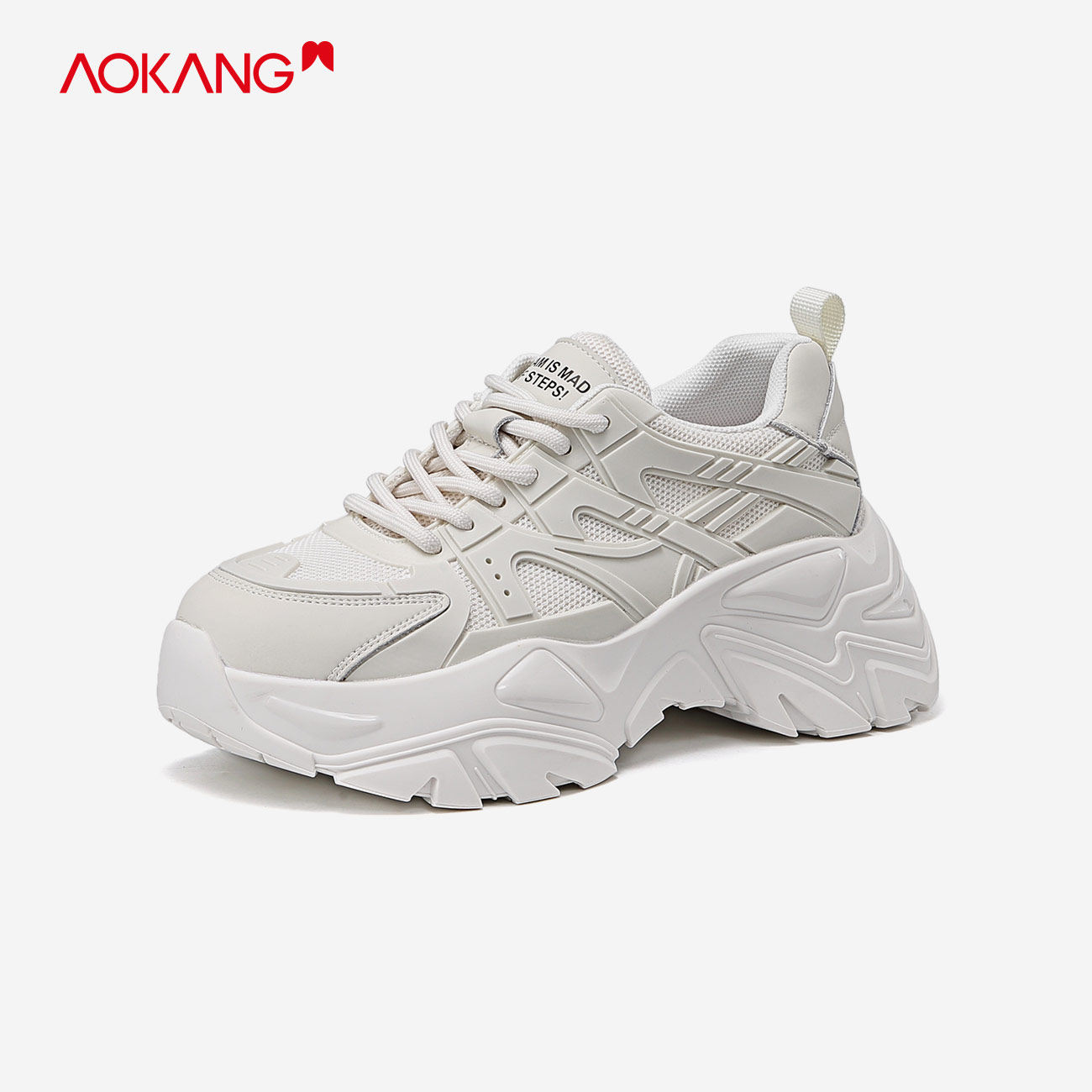 正品网红同款奥康女鞋 冬季新款米白色厚底增高女士休闲运动鞋时