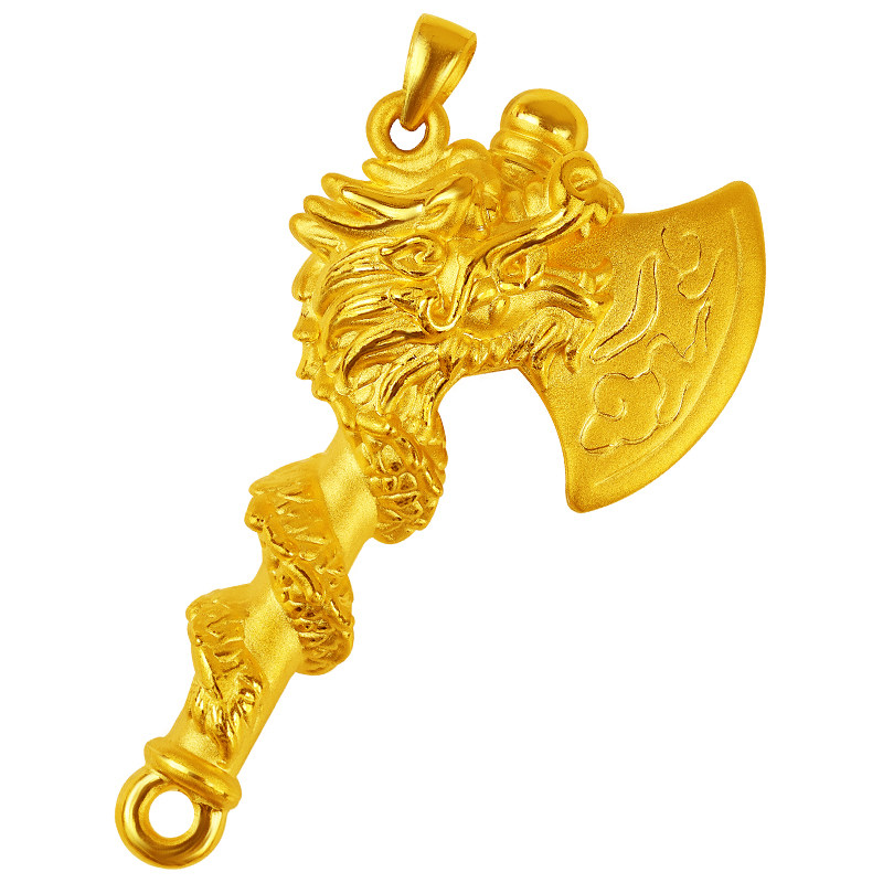 男女3d硬金足金盘龙斧头吊坠女款金斧子黄金颈饰