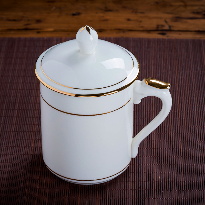 景德镇陶瓷茶杯带盖礼品金边玉瓷茶水水杯办公室会议茶杯