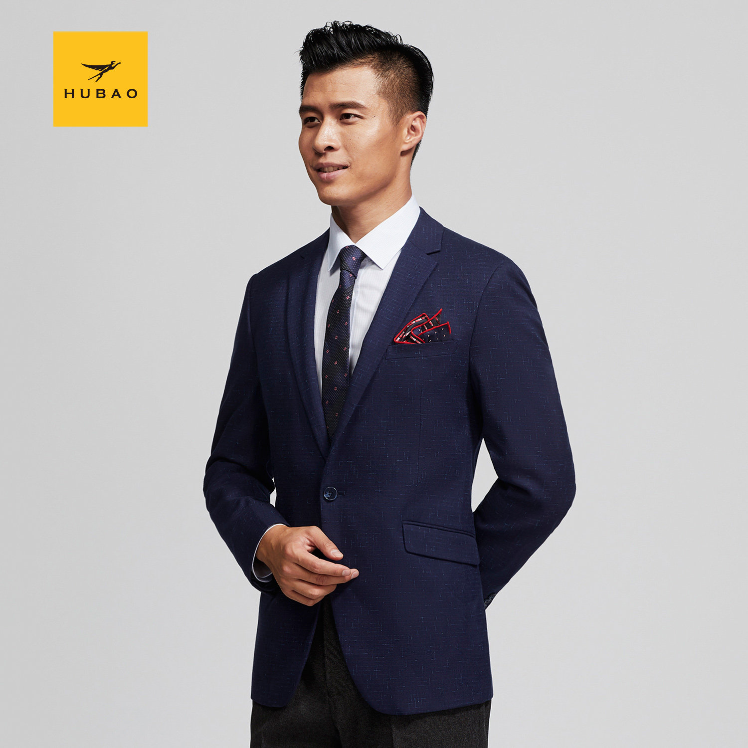 虎豹秋冬平驳深蓝单排一粒扣盖袋商务休闲西装西服