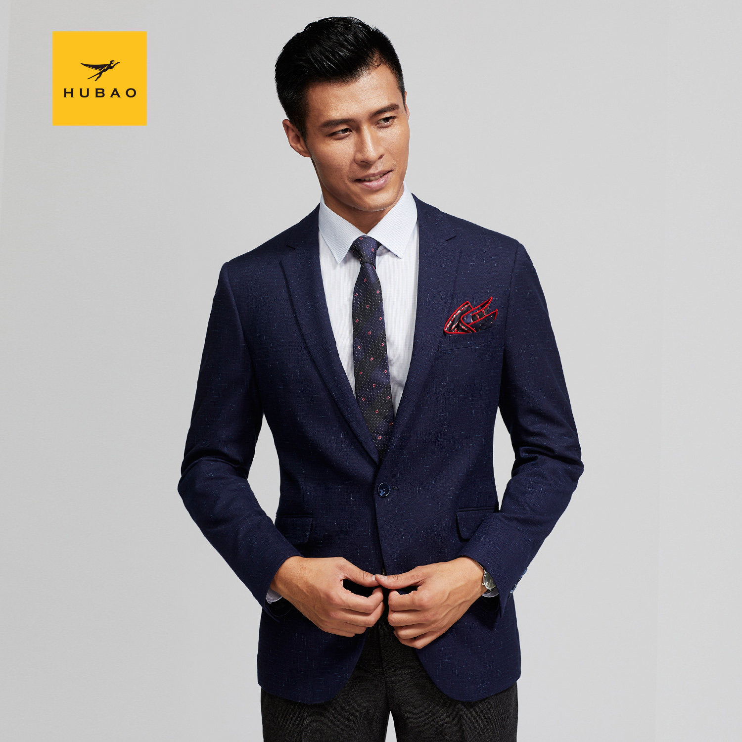 虎豹秋冬平驳深蓝单排一粒扣盖袋商务休闲西装西服