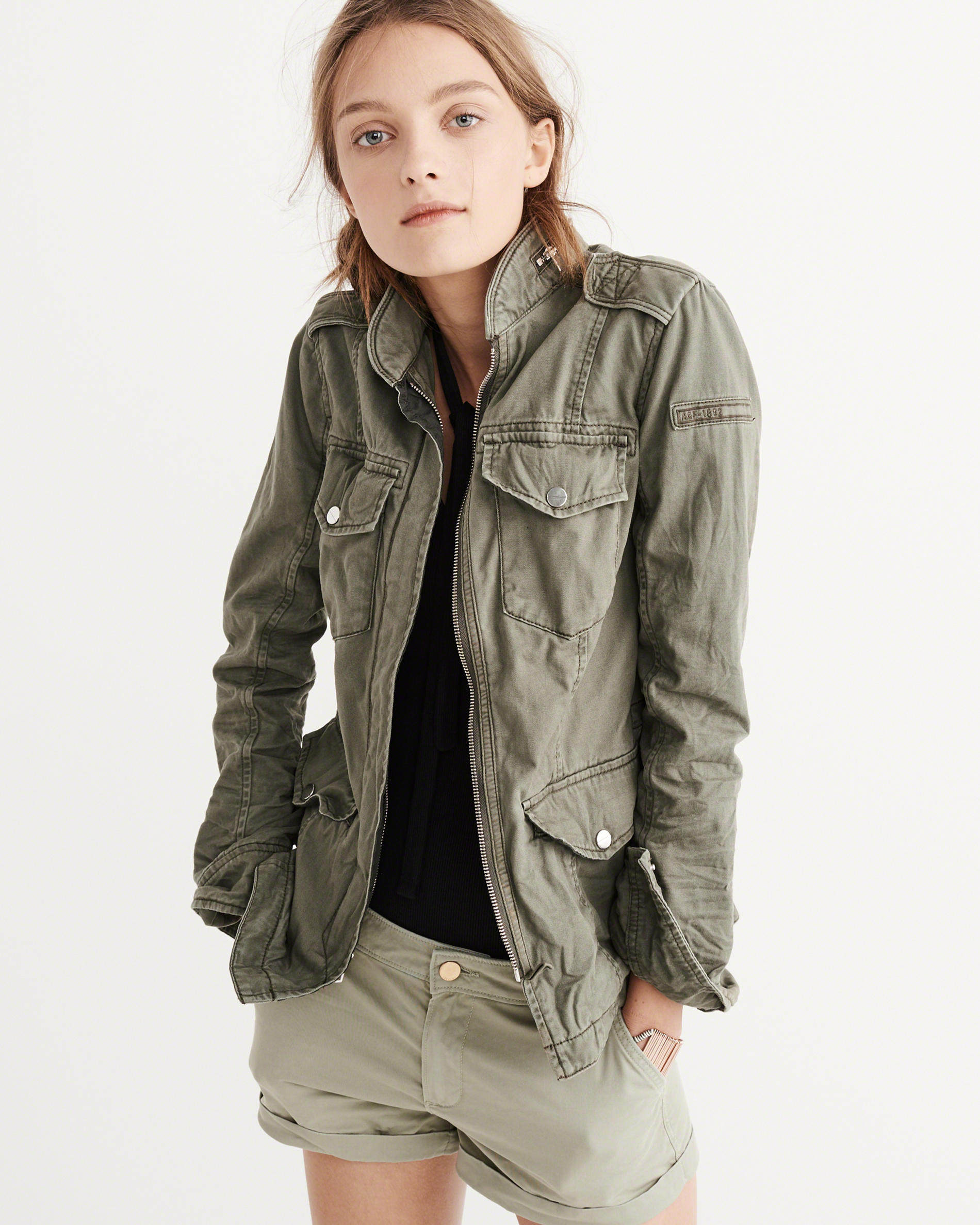 美国abercrombie小鹿af新款迷彩工装夹克女中中长短外套