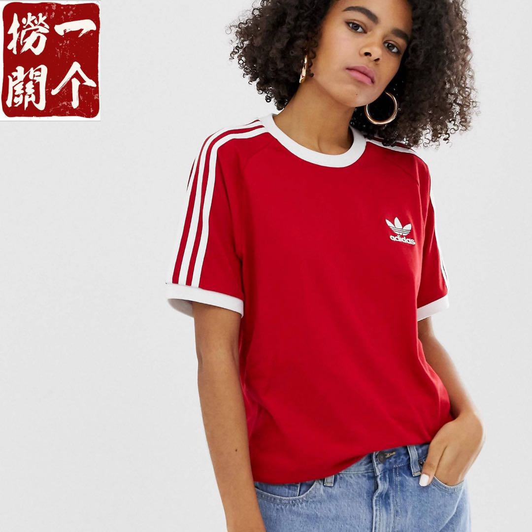 现货adidas三叶草复古红色经典短袖上衣棉质男女女款运动t恤