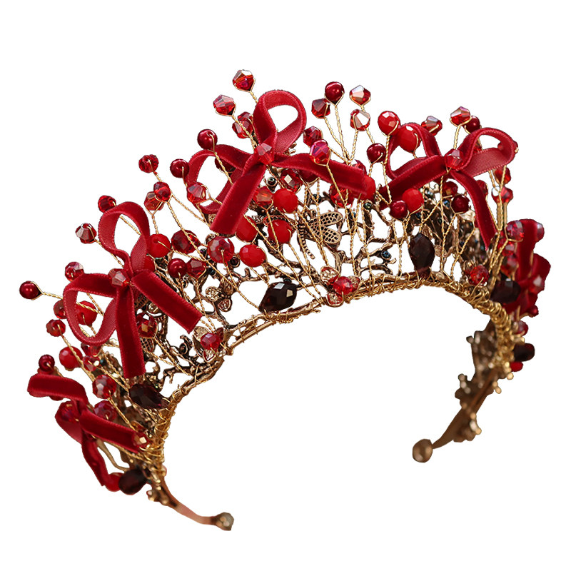 美华丽大气优雅红色蝴蝶结甜美美公主皇冠女童演出发饰
